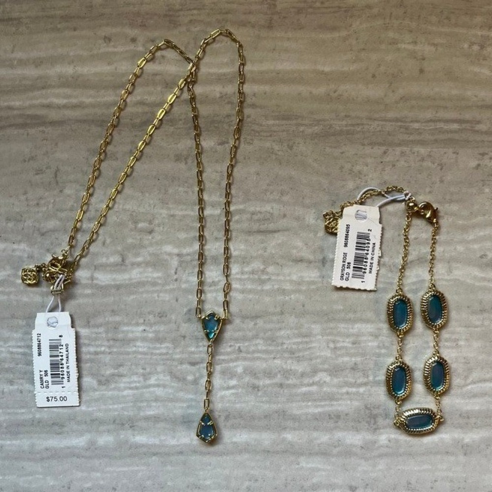 Kendra Scott Gold Tone Teal Blue Stone Lariat Necklace and Slider Bracelet Set - Picture 6 of 7